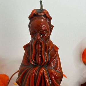 Vintage Asian Chinese Figural Candle 13" Orange Black Carved Wax Confucius